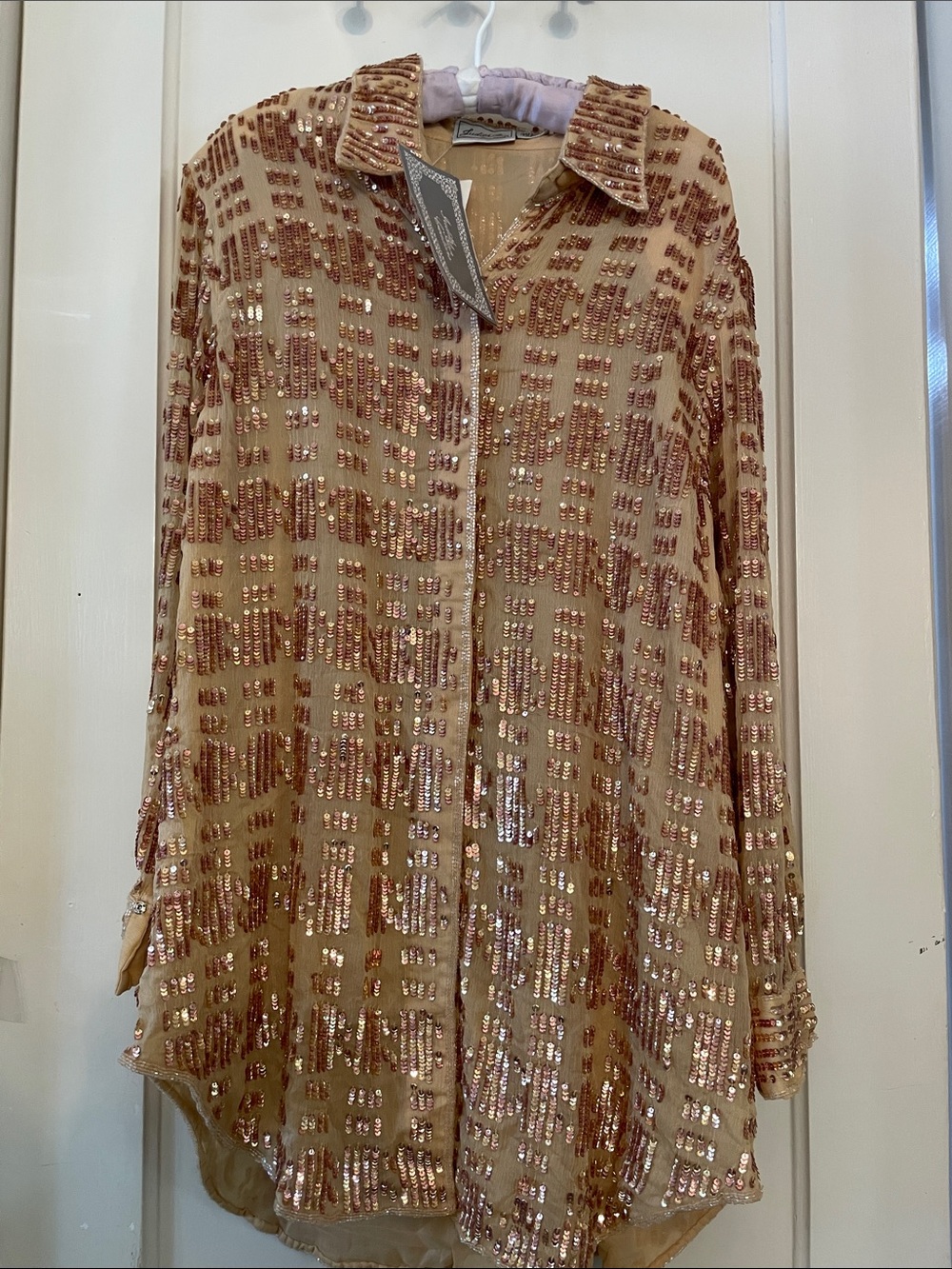 Vintage with Tags Judith Ann Sequined Button-Front Longline Blouse - Gold
